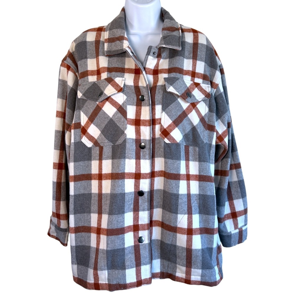 HFX Womens Shacket Sz S Plaid Gray Brown Snap Button Shirt Jacket Camp Hike Cozy - Picture 2 of 8